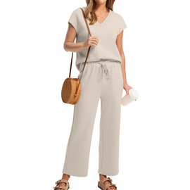 Saloogoe Workout Sets for Women 2 Piece Set Summer Travel Vacation Outfits Cozy Wide Leg Pants Comfy Business Casual Work Clothes V Neck T Shirts Airport Jogger Set Beige XL