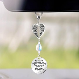Angel Car Charms Rear View Mirror Accessories Christian Car Jewelry,Guardian Angel Hanging Ornament,Bible Religious Gifts,Rear View Mirror Accessories for Women Teen Girls Friends(Psalm 91:11)