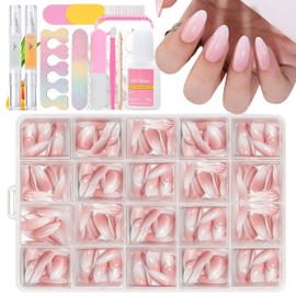French Press on Nails Almond Short, Alomnd Artificial Nails for Sticking French with 2 Pieces Nail Oil Pen, Nail Tips Almond Set Kit Beauty Set