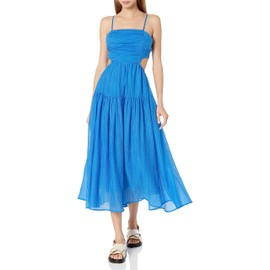 Moon River Women's Shirred Tiered Cutout Back TIE MIDI Dress, Blue