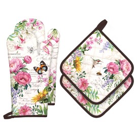 Arquiel Vintage Flower Oven Mitts and Pot Holders Sets 4Pcs, 100% Cotton Heat Resistant, Extra Long Oven Gloves Potholder for Kitchen Cooking Baking Decoration