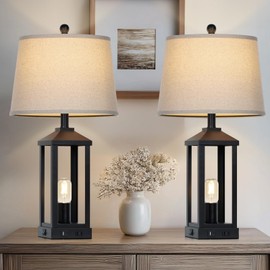 28" Tall Vintage Table Lamp Set of 2 with USB C+A & Outlet,Black Industrial End Table Lamp for Living Room,Farmhouse Rustic Bedside Lamps Set of 2 with Night Light ,Vintage Bedroom Lamp for Nightstand