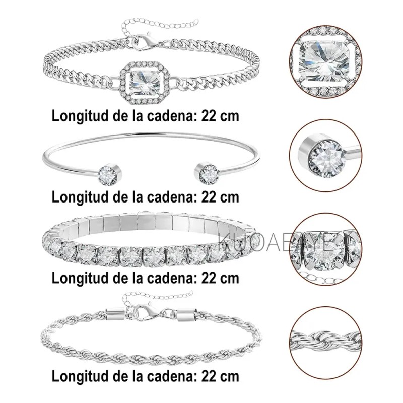 KUOAEAYE - Set 4 Pulseras Para Mujer Con Zirconias Ajustables