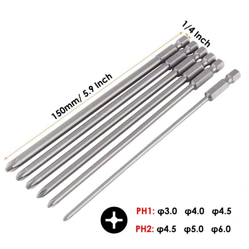 Bestgle 6Pcs 150mm 1/4 Inch Hex Shank Magnetic Long Phillips