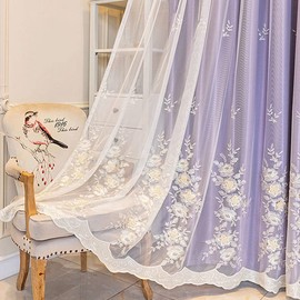 Amidoudou 1 Pair European 3D Flower Luxury Embroidered Curtains Double Layer Curtains with Valance for Living Room Bedroom (Purple,52x96 Inch)