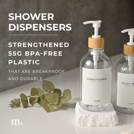Shampoo and Conditioner Bottles Set of 3 Clear Bamboo – Shower Shampoo Dispenser – Hotel Style Bathroom Upgrade by MaisoNovo