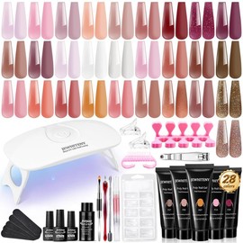 JEWHITENY 28 Colors Poly Gel Nail Kit Nude Gray Black grey Blue yellow purple Glitter All In One Starter Kit Poly Extension Gel Nail Kit With Nail Lamp Base Top Coat Builder Gel Nail Kit - Color: Black