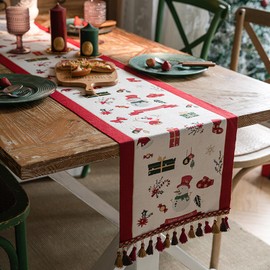 Christmas Table Runner 14x102 Inch, Christmas Decoration Red and White Table Runner with Tassels, Xmas Snowman Reindeer Table Dresser Scarf for Winter Holiday Kitchen Dinning Room