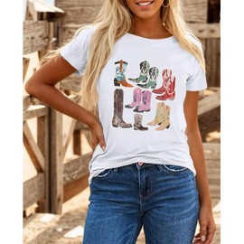 Pairxily Cowboy Shirts for Women Western Cowgirl Country Graphic Tees Rodeo Boot Vintage T Shirts Music Cute Concert Outfit(White,L)
