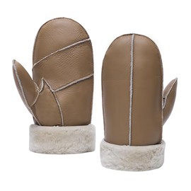 Men Winter Mittens Shearling Sheepskin Fur Lined Leather Mittens,Camel,S
