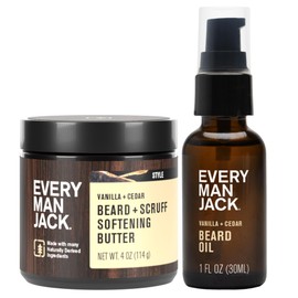 Every Man Jack Beard Oil & Scruff Softening Butter Bundle - Vanilla + Cedar Scent - Rejuvenates, Hydrates & Styles Dry Beards - Naturally Derived with Cocoa Butter and Shea Butter