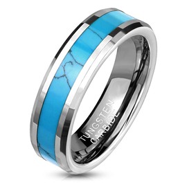 Paula & Fritz® Ladies Tungsten Carbide Synthetic Turquoise Ring Size J to Z Available in Silver Turquoise 6mm Wide, Tungsten Tungsten Synthetic Turquoise