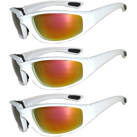 OWL Motorcycle Padded Riding Glasses - Mens Womens White Mirrored Lens 3 Pack Sunglasses