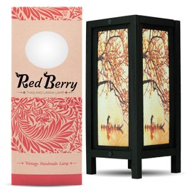 Thai Vintage Handmade Asian Oriental Handcraft China Fisherman Red Sakura Cherry Blossom Table Lights or Floor Wood Paper Lamp Home Decor Bedroom Decoration Modern(China Fisherman VVC)