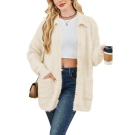 Cakulo Womens Oversized Fuzzy Cardigan Sweaters Fall Winter Outfits Open Front Collared Cardigans Pockets 2025 Apricot S