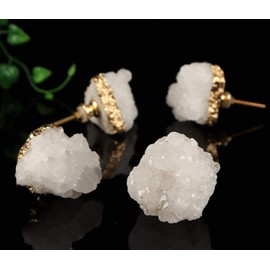 JIC Gem 4 Pack Crystal Stone Cabinet Knobs Quartz Geode Druzy Gold-Plated Handles Natural Gemstone Cupboard Drawer Pulls for Home Office Décor