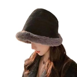 88flix Women's Bucket Hat, Fluffy, Korean, Small Face, Cold Protection, Moisturizing, Beautiful Silhouette, Sun Protection, UV Protection, Black