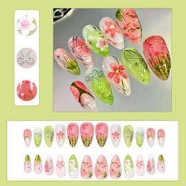 30Pcs Pink Flower Press on Nails Medium Almond Fake Nails with Pearl Rhinestones Designs Handmade False Nails Cute Bow Nails Stick on Nails Spring Summer Hibiscus Glue on Nails Acrylic Nails for Women