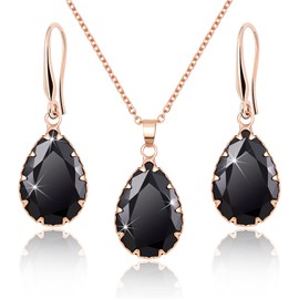 Linawe Gothic Rose Gold Jewelry Sets for Women, Crystal Black Necklace Set Drop Dangle Earring Imitation Diamond Pendant Boho Jewelry Rhinestone Wedding Cubic Zirconia Birthstone