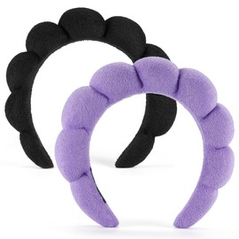 Ztomine Terry Cloth Spa Headbands for Washing Face or Facial, Set of 2, Black & Purple - Puffy Makeup Headbands for Face Washing, Mask, Skin Treatment