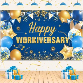 Happy Work Anniversary Banner Decorations Blue Gold Happy Workiversary Banner Happy Work Anniversary Backdrop Decorations Employee Appreciation Banner Work Anniversary Supply for Employee Worker