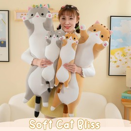 Long Cat Plush Pillows, Cute Cat Stuffed Animal Kitten Soft Huggable Cat Plush Toys Pillow for Kids and Adults, 1pcs, 70cm/Grey