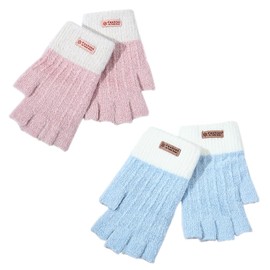 Kiwinvou 2 Pair Fingerless Gloves for Women Men Half Finger Gloves Winter Stretchy Knit Fingerless Mittens Unisex (BlueWhite+PinkWhite, one size)