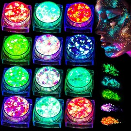 JDCMEI Glitter, Fluorescent Glitter, Festival Glitter Face, 12 Colours, Fluorescent Chunky Sequin Face Body Glitter, Sequins Chunky for Face, Nails, Body, Hair