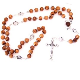 Holy Land Market Olive Wood Beads Rosary Made with Silver Tone Our Father and Soil Center Comes with Gift Bag and Certificate
