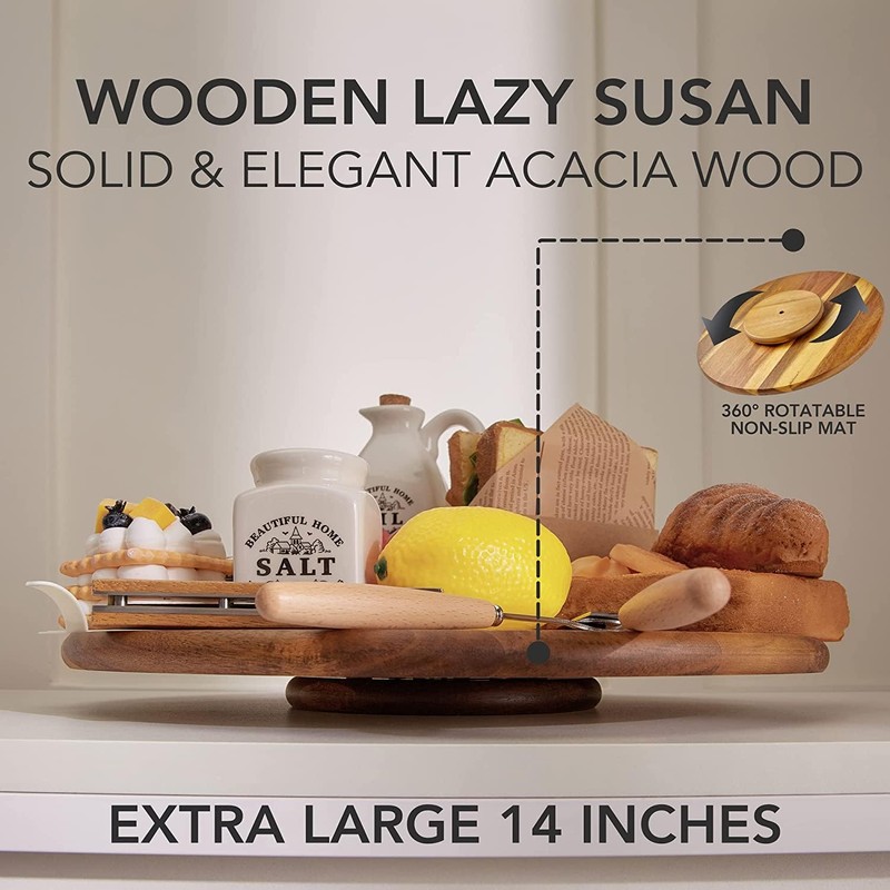 Acacia Wood Lazy Susan Wood Turntable Tray Cabinet Organizer, 16"