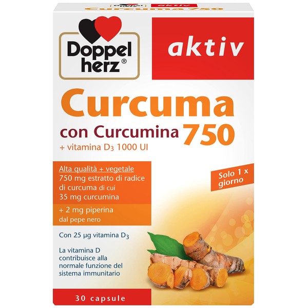 Curcuma 750 mg e Piperina - 30 capsule ad Alto Dosaggio - Integratore Curcumina con Vitamina D3 - favorisce il funzionamento del sistema immunitario – Doppelherz