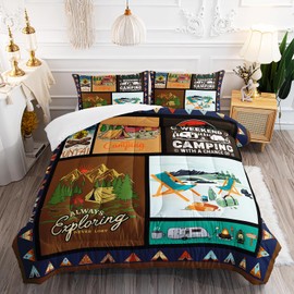 XYNHML Camping Car Comforter 3Pcs Full Happy Camping Tent Campfire Pine Bedding Set for Kid Teen Girl Boy Adult RV Camping Snowfield Camper Chair Quilt Bed Decor with 1 Comforter and 2 Pillowcases