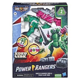 Power Rangers Dino Fury Pink Ankylo Hammer and Green Tiger Claw Zord Toys for Kids Ages 4 and Up Zord Link Mix-and-Match Custom Build System