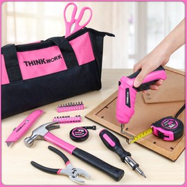 THINKWORK 41 Piece Pink Tool Set - Lady's Hand Tool Set with 3.6V Rotatable Electric Screwdriver, Home Repairing Tool Kit for Women with Large Mouth Open Tool Bag, Perfect for Home DIY, Daily Use