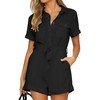 Roskiky Women's Summer Pockets Belt Romper Button Short Sleeve Jumpsuit