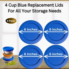 Klare Ware 4 Cup Replacement Lids/Covers for Pyrex 7201, Anchor Hocking & Klare Ware Storage Bowls (Glass Container Not Included) Microwave, Freezer & Top Rack Dishwasher Safe (4 Pack, Blue)