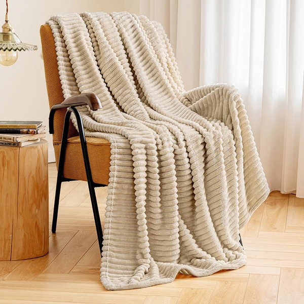 MIULEE Fleece Throw Blanket with Stripe Pattern Fuzzy Flannel Beige Blanket for Couch Plush Warm Cozy Bed Blanket Boho Decor for Bed Sofa Chair Throw Size 50"x60"
