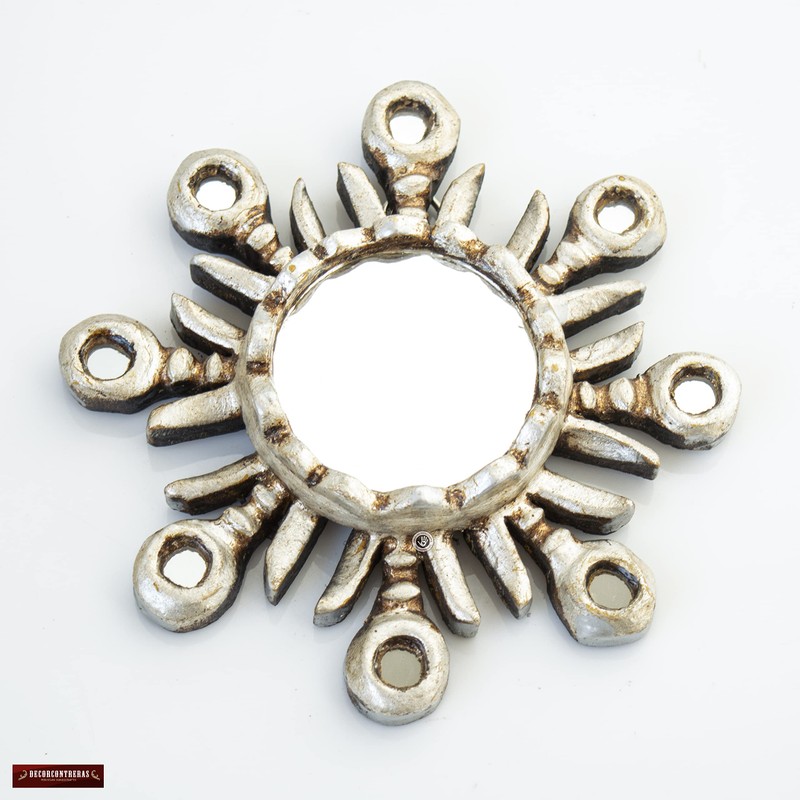 Silver Small Round Wall Mirror 6"- Peruvian Accent Wood sunburst