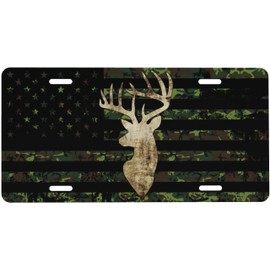 UEQIKI Front License Plate Camouflage Hunting Deer Camo Vanity Plates Aluminum Metal Decorative Car Tag American Flag Novelty License Plate Cover for Men Women ‎6 * 12 in (4 Holes)