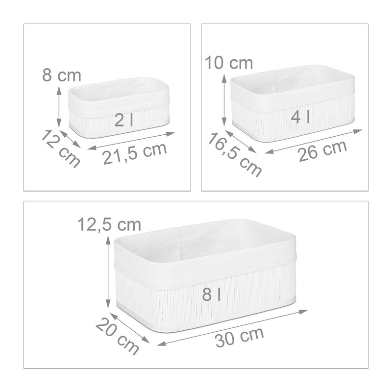 3 x Bamboo Storage Baskets, Fabric Cover, Shelf Basket, Rectangular,
