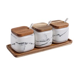MIATTCLD Ceramic Salt and Sugar Container Set with Wooden Tray, 3pcs Porcelain Seasoning Jars with Lids and Spoons, Condiment Pot Pepper Spice Storage Canister for Home Kitchen Counter
