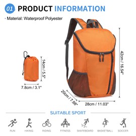 SUIKIHUM Hiking Backpack, 20L Packable Daypack for Men Women, Nylon with Adjustable Straps, Lightweight Waterproof Outdoor Camping Travel, Orange