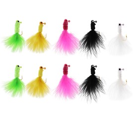 VGOL Pack of 10 Jig Heads for Fishing with Feather Hair Hooks for Trout Bass Salmon Crappie Round Ball Head Jig Bait Set (1/16 oz)