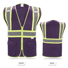 SULWZM High Visibility Reflective Safety Vest with Zipper and Pockets Purple,M