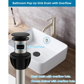 Hibbent 2 Pack Metal Bathroom Sink Drain with Overflow, Push and Seal Pop Up Drain Stopper, Stainless Steel Vessel Lavatory Vanity Sink Drain Stopper, Anti-Clogging Strainer, Matte Black