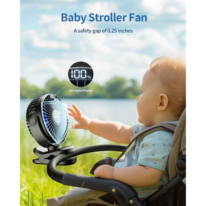 Sweetfull Portable Clip-on Fan 4000mAh Rechargeable LED Display 4 Speeds