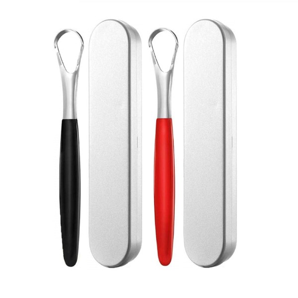 Oral Basics Tongue Scraper, Stainless Steel Metal Swish Cleaner for Adults and Kids with Stainless Steel Travel Case- 2 Pack (1 Black & 1 Red)