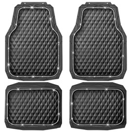 CAR PASS Bling Diamond Rubber Car Mats, Heavy Duty Deep Dish All-Weather Floor Mat Full Set Anti-Slip 3D Rhombus Waterproof Trim Fit Liner Universal Glitter Sparkly Shining Rhinestone, Silver Diamond