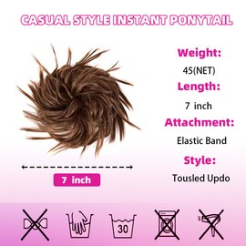Tousled Updo Messy Bun Hair Pieces, Synthetic Wavy Extension Ponytail with Elastic Rubber Band Hairpiece Updo Extensions Ponytail Chignon Hair for Women (Light Reddish Brown)