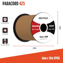 Brotree 3mm Paracord 425 100% Nylon 30M Rope 3 Strands Type II Parachute Cord for Outdoor, Craft, DIY - 192kg Breaking Load (Coyote Brown)
